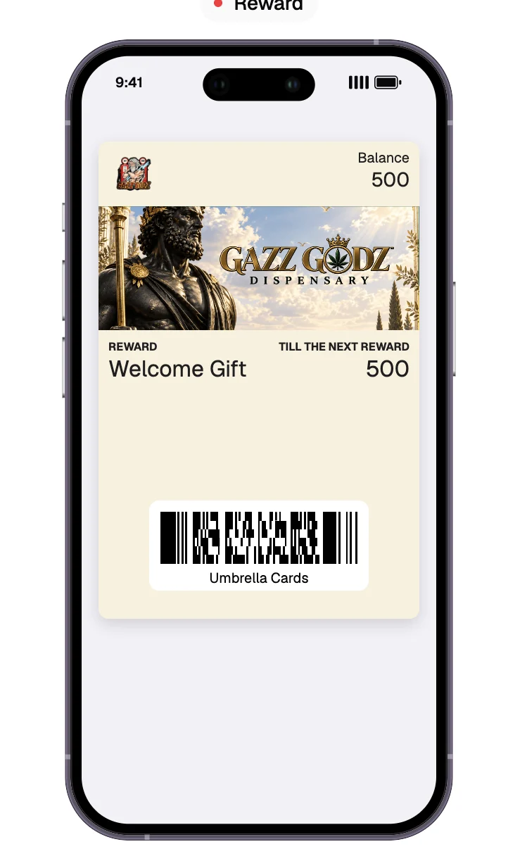 Gazz Godz rewards card in a phone wallet: cream card, balance 500, Welcome Gift reward, 500 till the next reward, and Umbrella Cards barcode