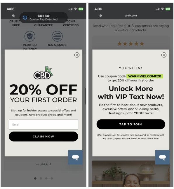 CBDfx branded mobile pop-up offering 20% off a first order, shown in an iPhone-style frame