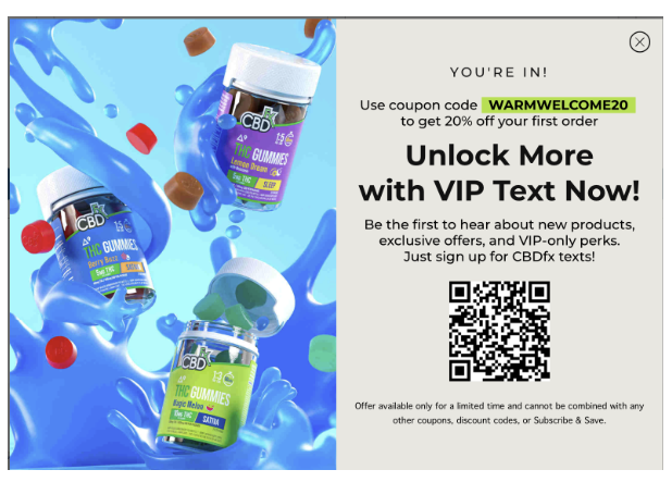 CBDfx desktop onboarding pop-up with Unlock More with VIP Text Now messaging and a QR code for joining by phone